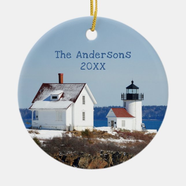 Rustic Maine Ocean Lighthouse Ceramic Ornament (Front)
