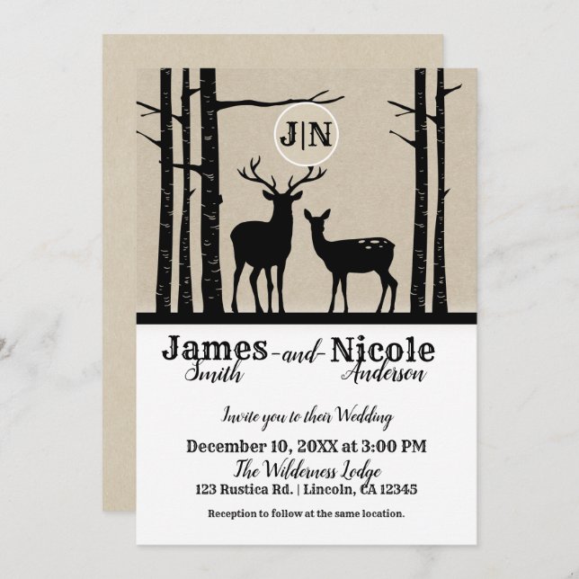 Rustic Male & Female Doe Deer Black Birch Wedding Invitation (Front/Back)