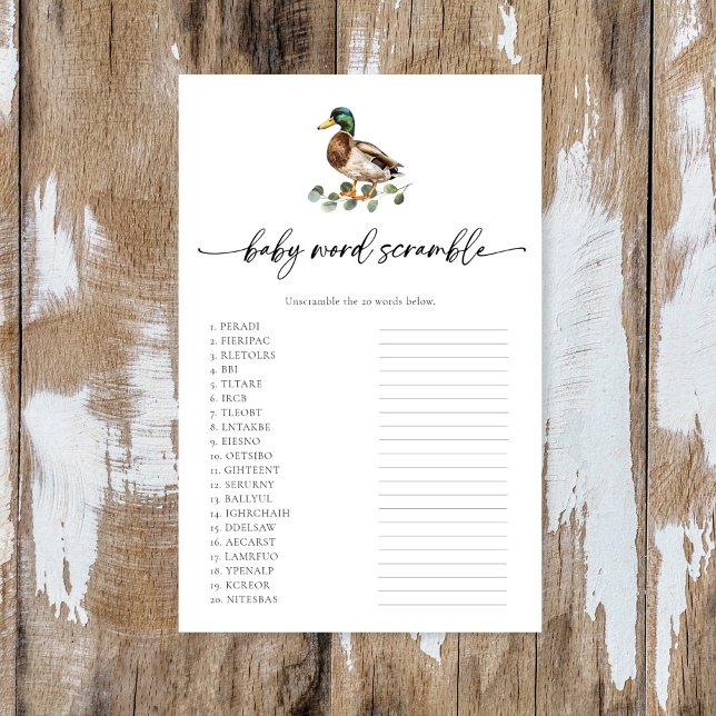 Rustic Mallard Duck Baby Shower Baby Word Scramble (Creator Uploaded)