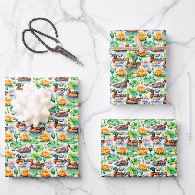 Rustic Mallard Ducks Blue Winged Teal Lilly Pads  Wrapping Paper Sheet (Front)