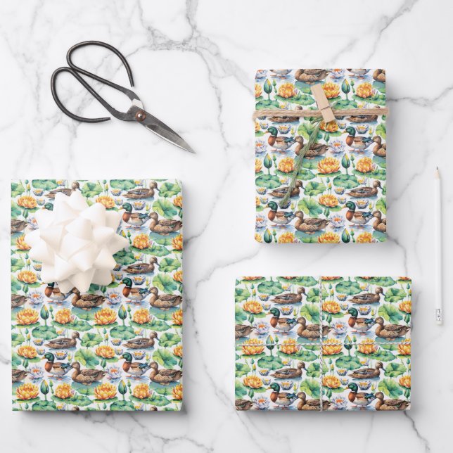 Rustic Mallard Ducks On Lake Lilly Pads  Wrapping Paper Sheet (Front)