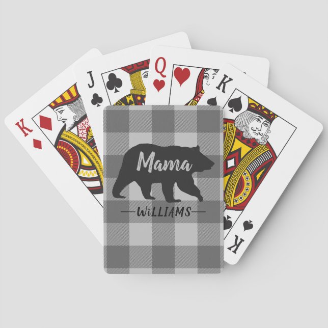 Rustic Mama Bear Buffalo Plaid Monogram Name Playing Cards (Back)