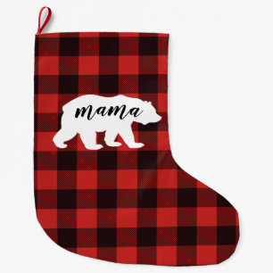 Rustic Mama Bear Red & Black Buffalo Plaid Large Christmas Stocking