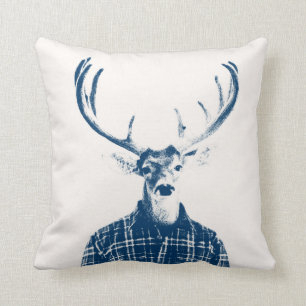 Rustic Man Buck with Antlers in Blue and Cream Cushion