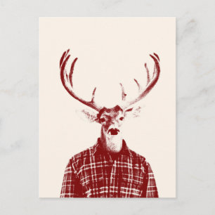 Rustic Man Buck with Antlers in Red and Cream Postcard
