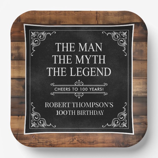 Rustic Man Myth Legend 100th Birthday Black  Paper Plate (Front)