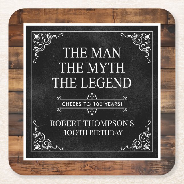 Rustic Man Myth Legend 100th Birthday Black Square Paper Coaster (Front)