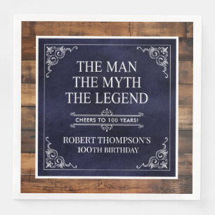 Rustic Man Myth Legend 100th Birthday Blue Napkin
