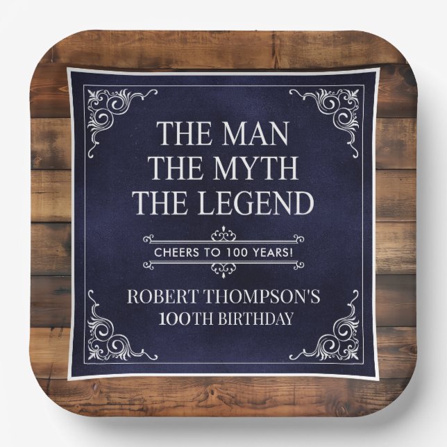 Rustic Man Myth Legend 100th Birthday Navy Blue  Paper Plate (Front)