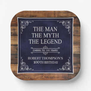 Rustic Man Myth Legend 100th Birthday Navy Blue  Paper Plate
