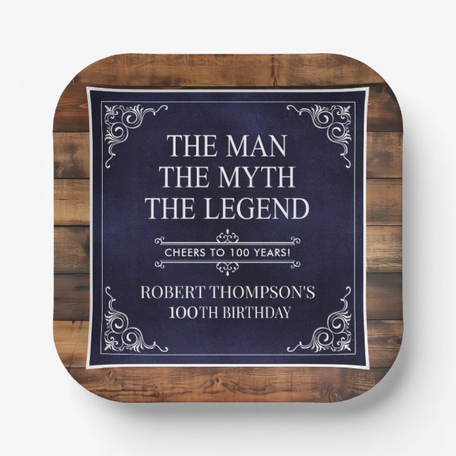 Rustic Man Myth Legend 100th Birthday Navy Blue  Paper Plate (Front)