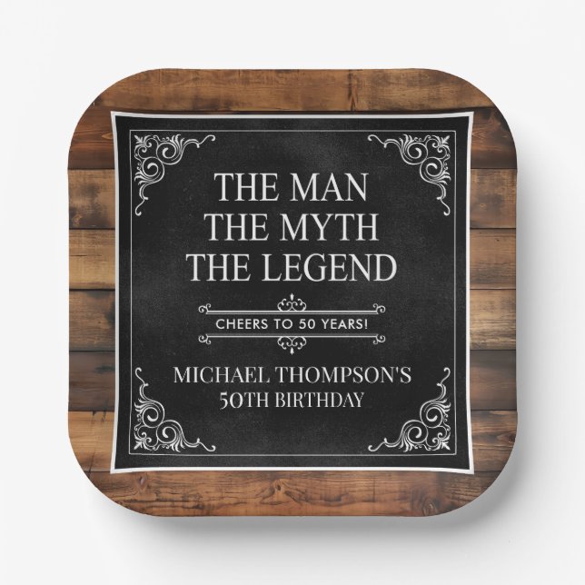Rustic Man Myth Legend 50th Birthday Black  Paper Plate (Front)
