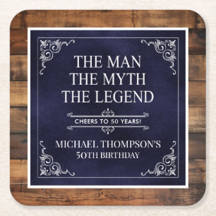 Rustic Man Myth Legend 50th Birthday Navy Blue Square Paper Coaster