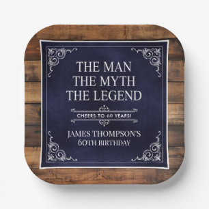 Rustic Man Myth Legend 60th Birthday Navy Blue  Paper Plate