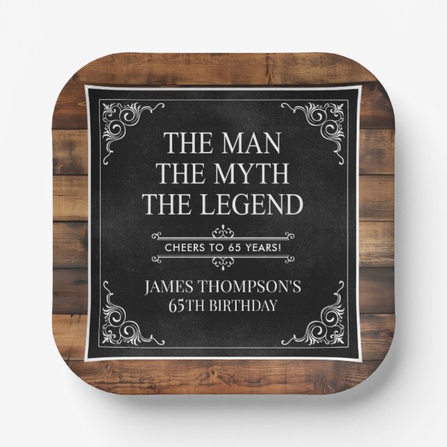 Rustic Man Myth Legend 65th Birthday Black  Paper Plate (Front)