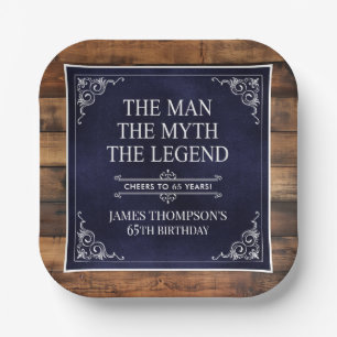 Rustic Man Myth Legend 65th Birthday Navy Blue  Paper Plate