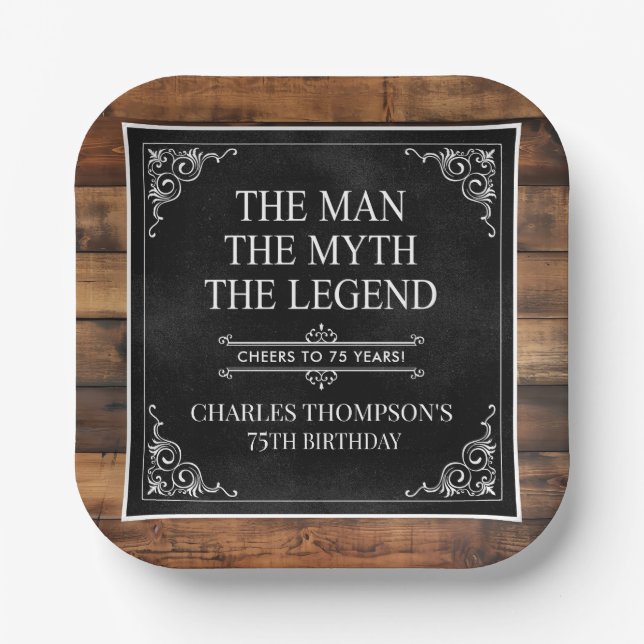 Rustic Man Myth Legend 75th Birthday Black  Paper Plate (Front)