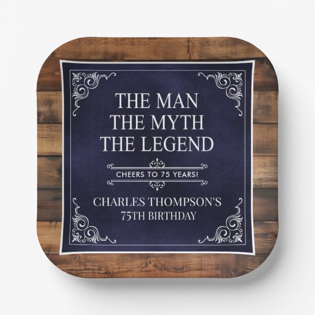 Rustic Man Myth Legend 75th Birthday Navy Blue  Paper Plate (Front)