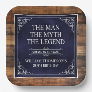 Rustic Man Myth Legend 80th Birthday Navy Blue  Paper Plate