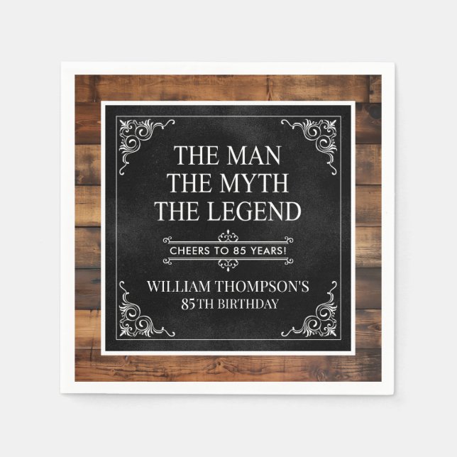 Rustic Man Myth Legend 85th Birthday Black  Napkin (Front)