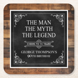 Rustic Man Myth Legend 90th Birthday Black Square Paper Coaster