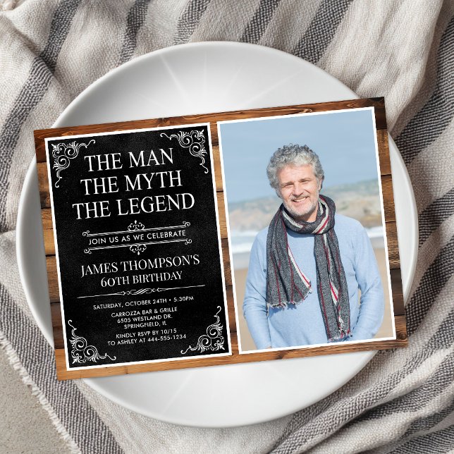 Rustic Man Myth Legend Black 60th Birthday Photo Invitation (Creator Uploaded)