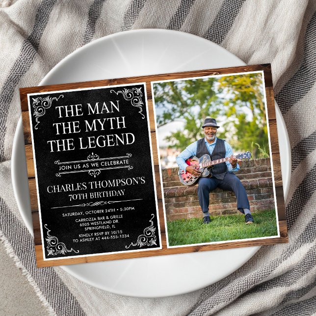 Rustic Man Myth Legend Black 70th Birthday Photo Invitation (Creator Uploaded)