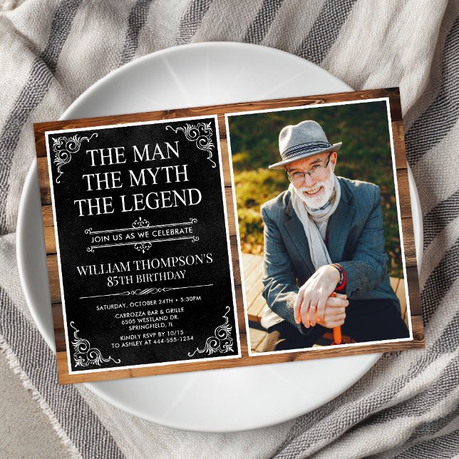 Rustic Man Myth Legend Black 85th Birthday Photo Invitation (Creator Uploaded)