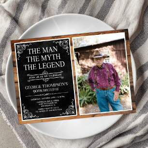 Rustic Man Myth Legend Black 90th Birthday Photo Invitation