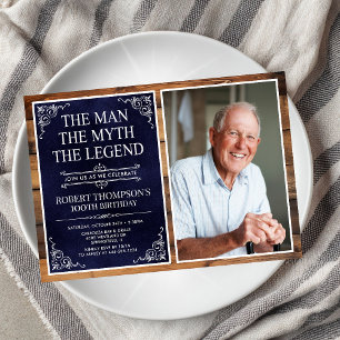 Rustic Man Myth Legend Blue 100th Birthday Photo Invitation