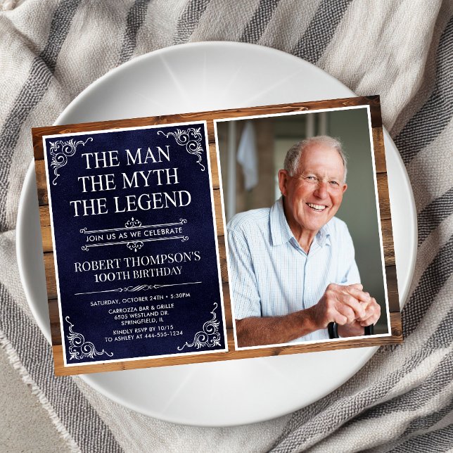 Rustic Man Myth Legend Blue 100th Birthday Photo Invitation (Creator Uploaded)