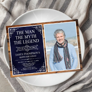 Rustic Man Myth Legend Blue 60th Birthday Photo Invitation