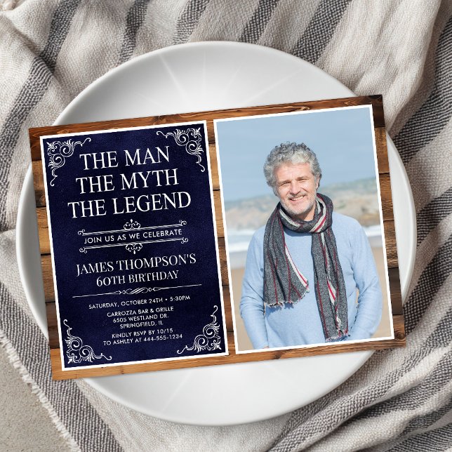 Rustic Man Myth Legend Blue 60th Birthday Photo Invitation (Creator Uploaded)