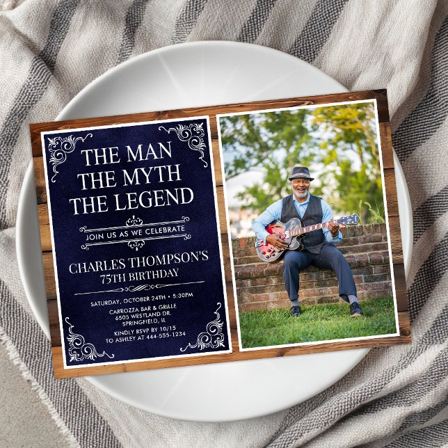 Rustic Man Myth Legend Blue 75th Birthday Photo Invitation (Creator Uploaded)