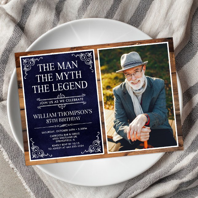 Rustic Man Myth Legend Blue 85th Birthday Photo Invitation (Creator Uploaded)
