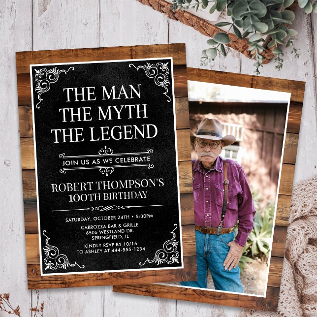Rustic Man Myth Legend Photo 100th Birthday Invitation (Creator Uploaded)
