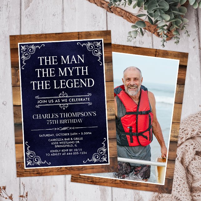 Rustic Man Myth Legend Photo 75th Birthday Invitation (Creator Uploaded)