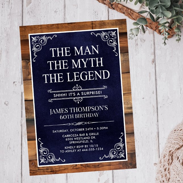 Rustic Man Myth Legend Surprise 60th Birthday Invitation (Creator Uploaded)