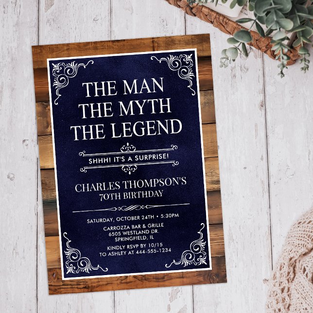 Rustic Man Myth Legend Surprise 70th Birthday Invitation (Creator Uploaded)