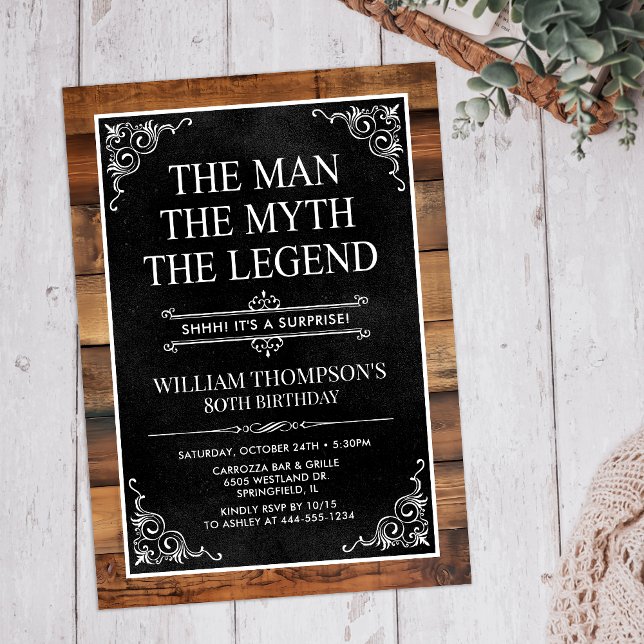 Rustic Man Myth Legend Surprise 80th Birthday Invitation (Creator Uploaded)