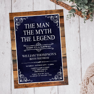Rustic Man Myth Legend Surprise 80th Birthday Invitation