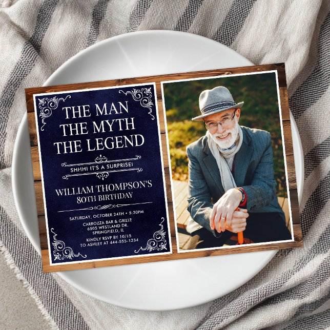 Rustic Man Myth Legend Surprise 80th Birthday Invitation (Creator Uploaded)
