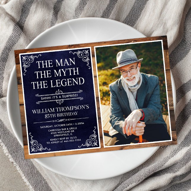 Rustic Man Myth Legend Surprise 85th Birthday Invitation (Creator Uploaded)