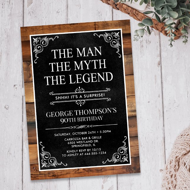 Rustic Man Myth Legend Surprise 90th Birthday Invitation (Creator Uploaded)