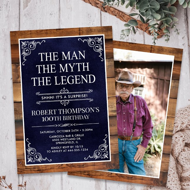 Rustic Man Myth Legend Surprise Photo 100 Birthday Invitation (Creator Uploaded)