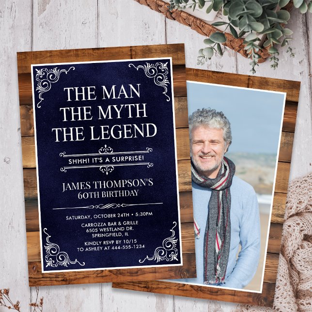 Rustic Man Myth Legend Surprise Photo 60 Birthday Invitation (Creator Uploaded)