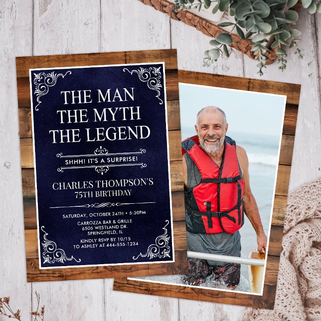 Rustic Man Myth Legend Surprise Photo 75 Birthday Invitation (Creator Uploaded)