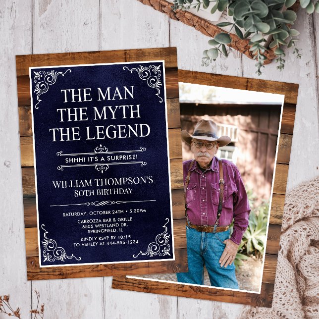 Rustic Man Myth Legend Surprise Photo 80 Birthday Invitation (Creator Uploaded)