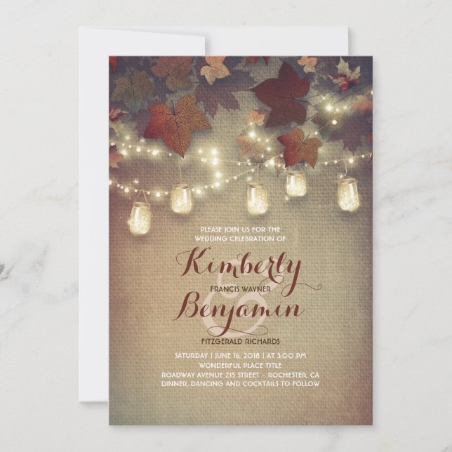 Rustic Maple Leaves and Mason Jars Fall Wedding Invitation (Front)