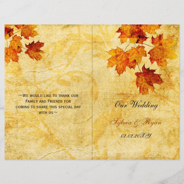 Rustic maple leaves fall  bi fold Wedding program (Front)